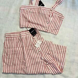 NEW Forever 21 F21 Women linen stripe crop top L & matching button down